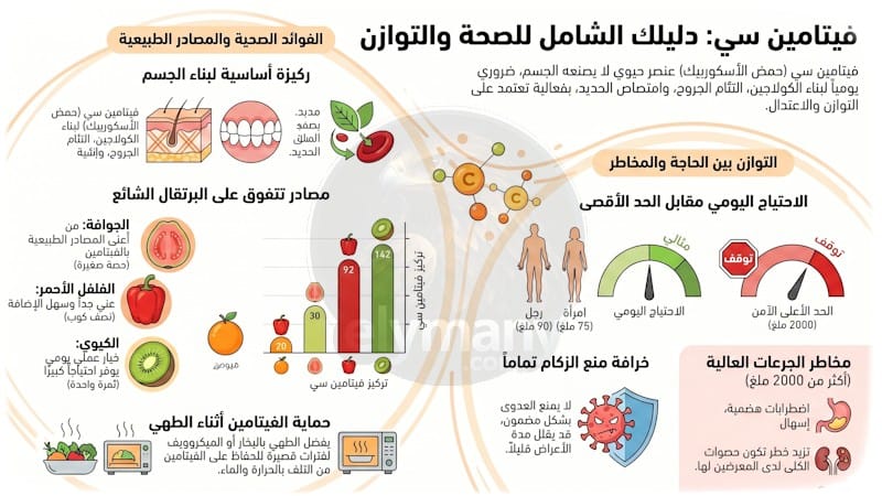 فيتامين سي‎ (Vitamin C): ‎فوائده، أعراض نقصه، وأضرار زيادته