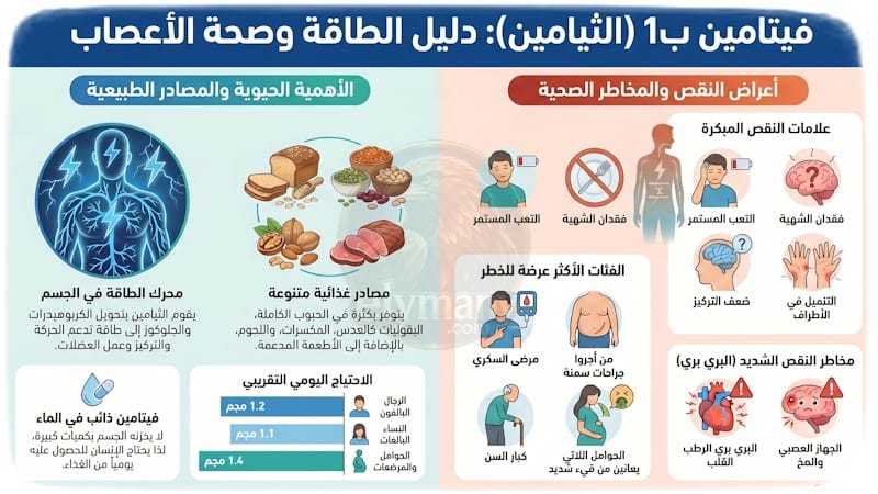 فيتامين ب1 ثيامين‎ (Vitamin B1): ‎فوائده، أعراض نقصه، وأضرار زيادته