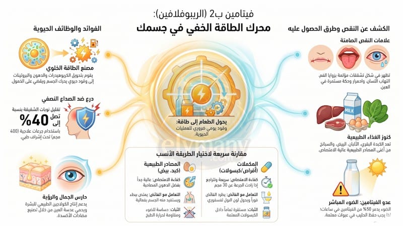 فيتامين ب2 ريبوفلافين‎ (Vitamin B2): ‎فوائده، أعراض نقصه، وأضرار زيادته