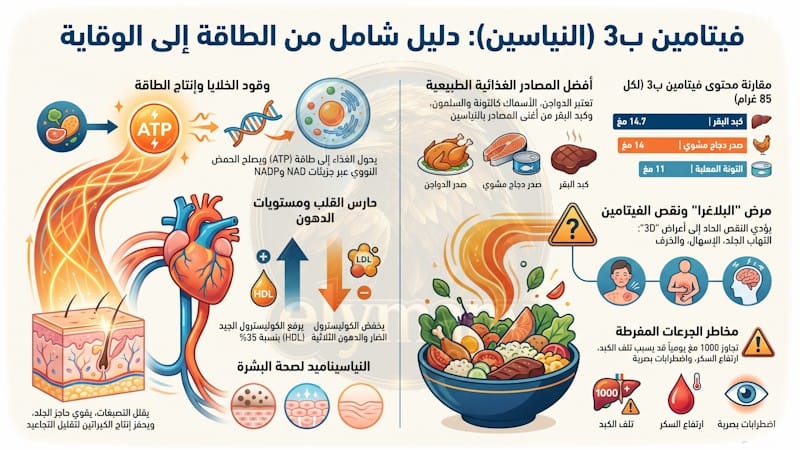 فيتامين ب3 نياسين (Vitamin B3): فوائده، أعراض نقصه، وأضرار زيادته