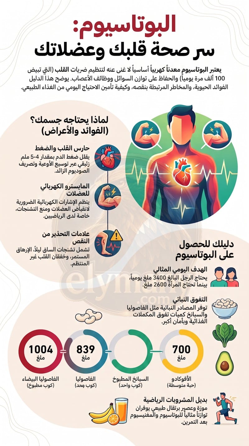 البوتاسيوم (Potassium): الفوائد، أعراض النقص، أضرار الزيادة، وأفضل المصادر الغذائية