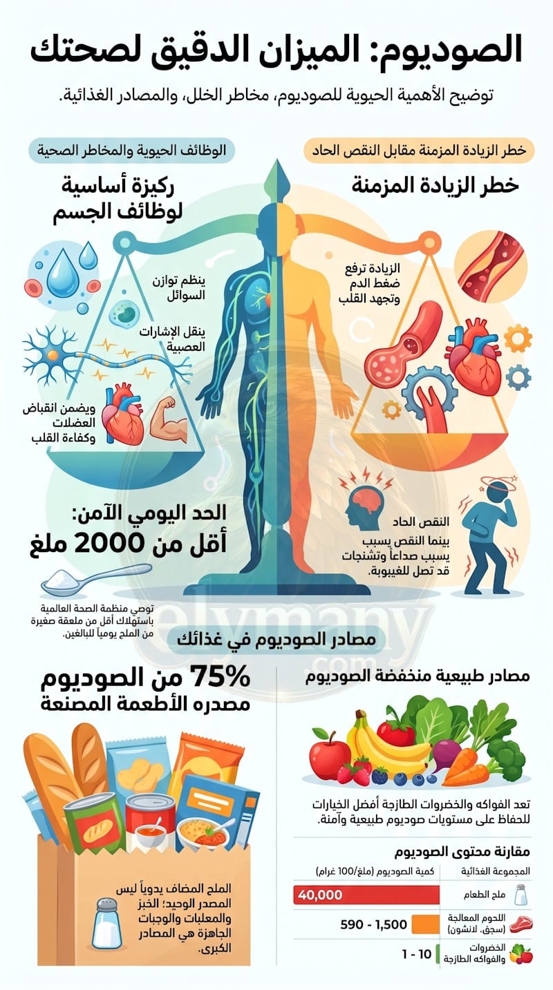 الصوديوم (Sodium): الفوائد، أعراض النقص، أضرار الزيادة، وأفضل المصادر الغذائية