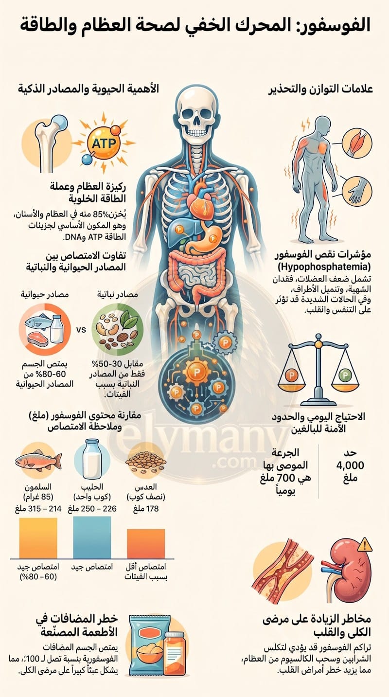 الفوسفور (Phosphorus): الفوائد، أعراض النقص، أضرار الزيادة، وأفضل المصادر الغذائية 2026 2 الفوسفور (Phosphorus): الفوائد، أعراض النقص، أضرار الزيادة، وأفضل المصادر الغذائية