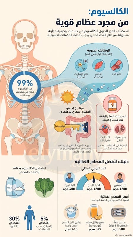 الكالسيوم (Calcium): الفوائد، أعراض النقص، أضرار الزيادة، وأفضل المصادر الغذائية 2026 2 الكالسيوم (Calcium): الفوائد، أعراض النقص، أضرار الزيادة، وأفضل المصادر الغذائية
