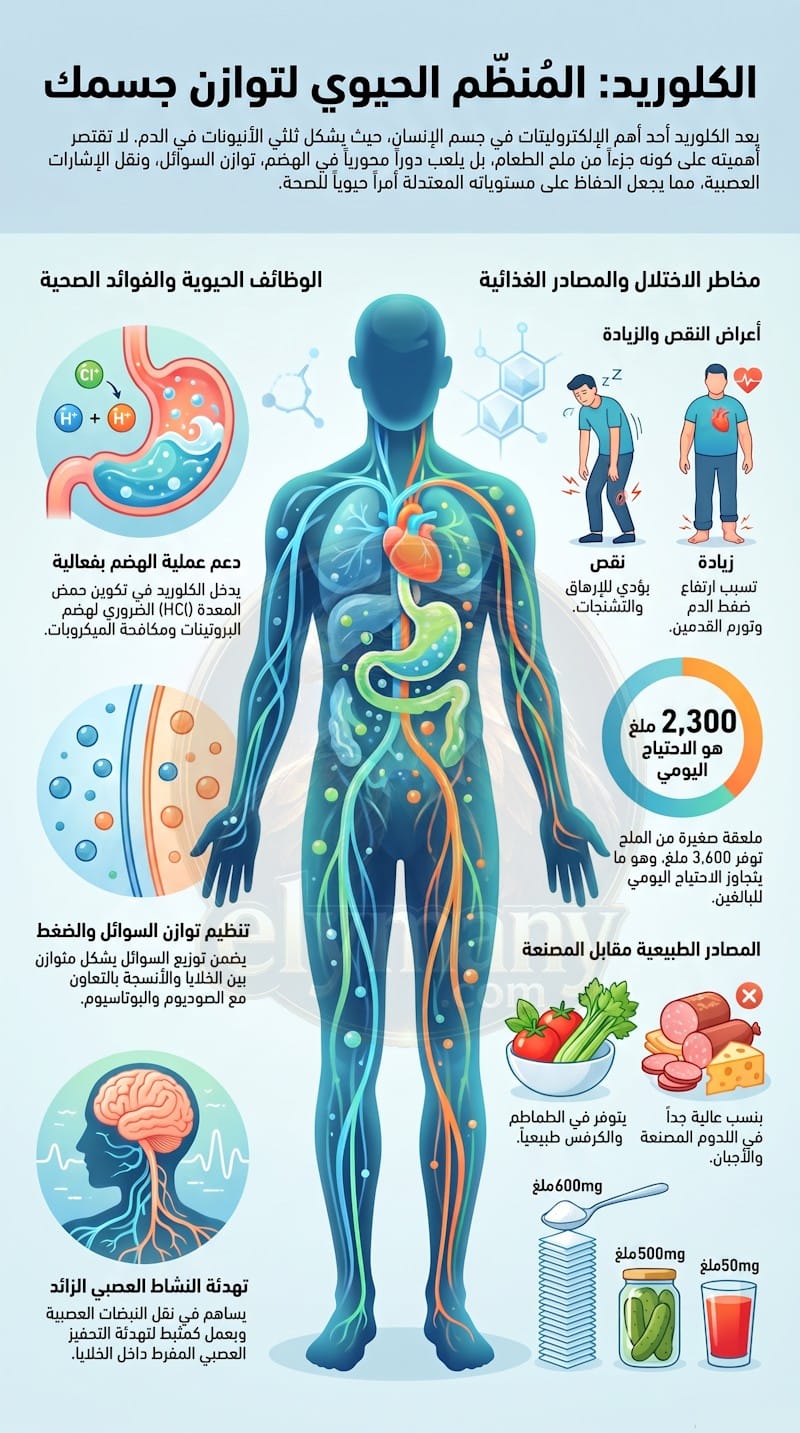 الكلوريد (Chloride): الفوائد، أعراض النقص، أضرار الزيادة، وأفضل المصادر الغذائية