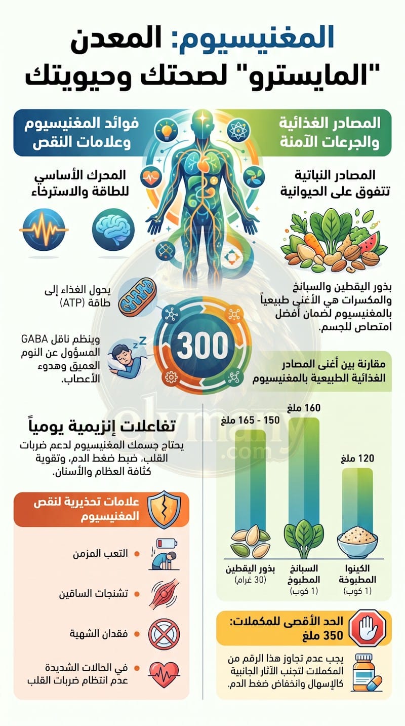 المغنيسيوم‎ (Magnesium): ‎الفوائد، أعراض النقص، أضرار الزيادة، وأفضل المصادر الغذائية