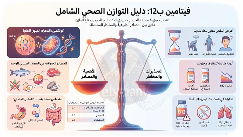 فيتامين ب12 كوبالامين (‏Vitamin B12‎‏): فوائده، أعراض نقصه، وأضرار زيادته‏