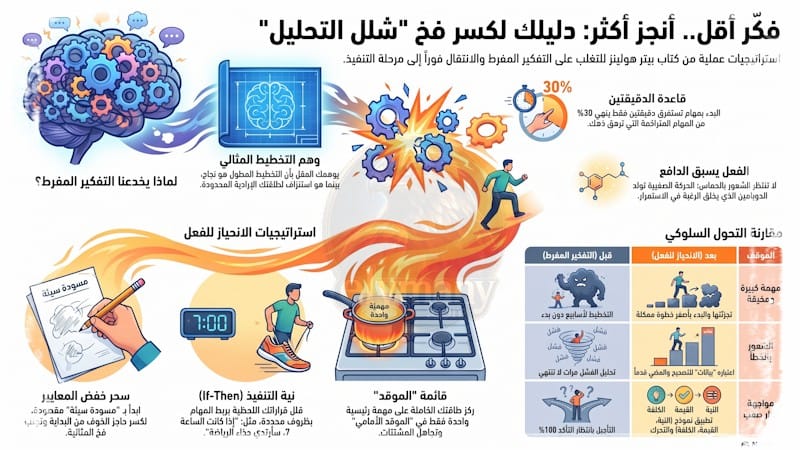 كتاب فكر أقل أنجز أكثر" لبيتر هولينز: مراجعة شخصية + 13 استراتيجيات عملية للتغلب على التفكير المفرط