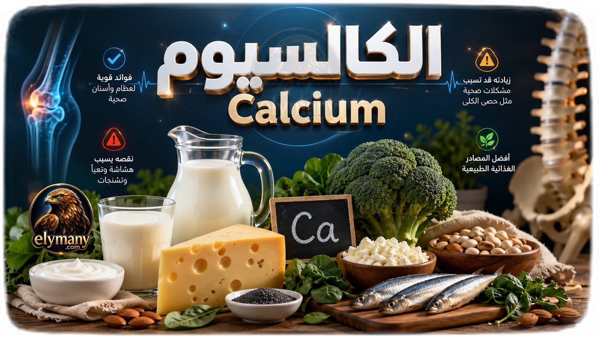 الكالسيوم (Calcium): الفوائد، أعراض النقص، أضرار الزيادة، وأفضل المصادر الغذائية 2026 1 الكالسيوم (Calcium): الفوائد، أعراض النقص، أضرار الزيادة، وأفضل المصادر الغذائية