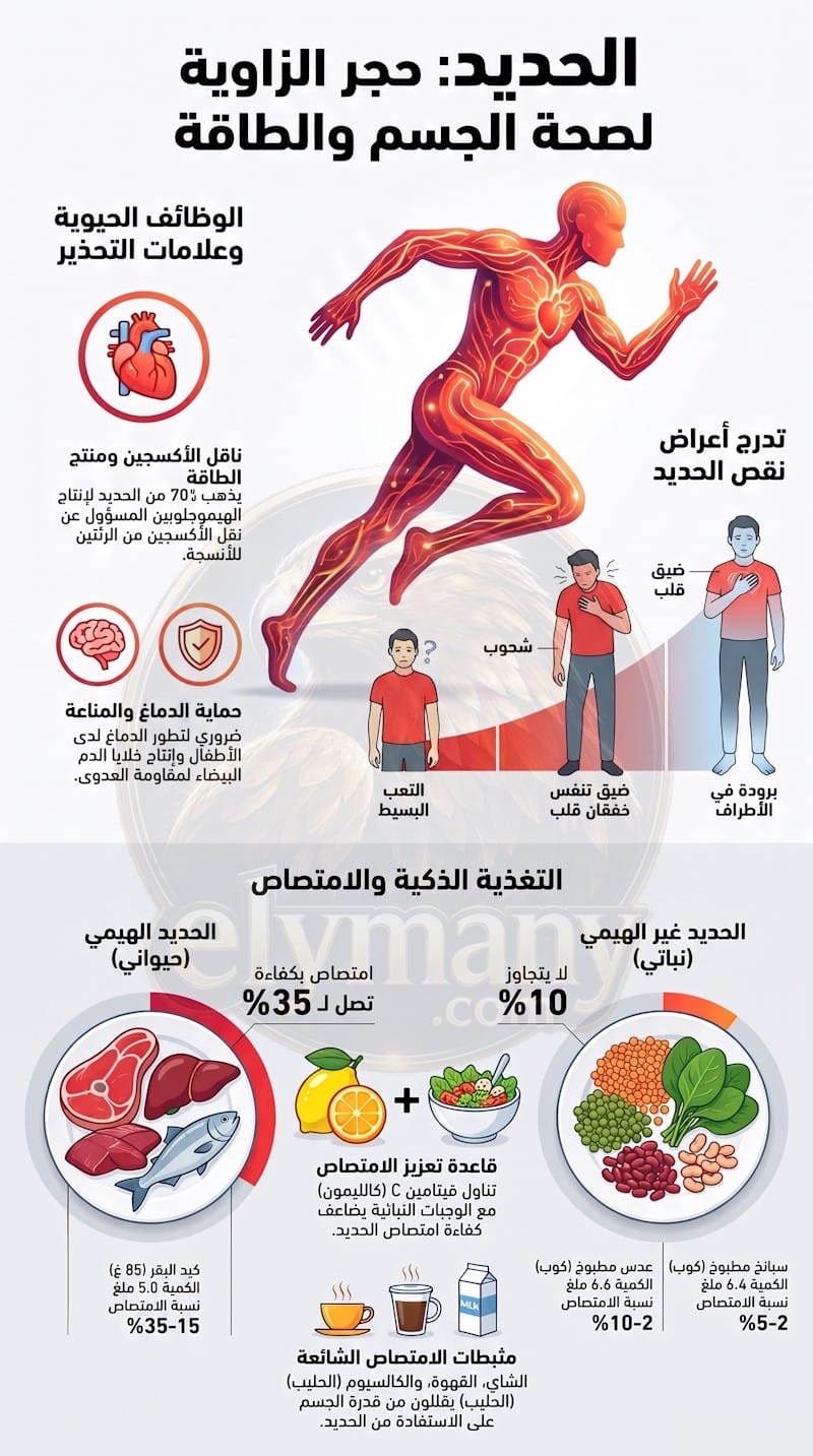 الحديد‎ (Iron): ‎الفوائد، أعراض النقص، أضرار الزيادة، وأفضل المصادر الغذائية
