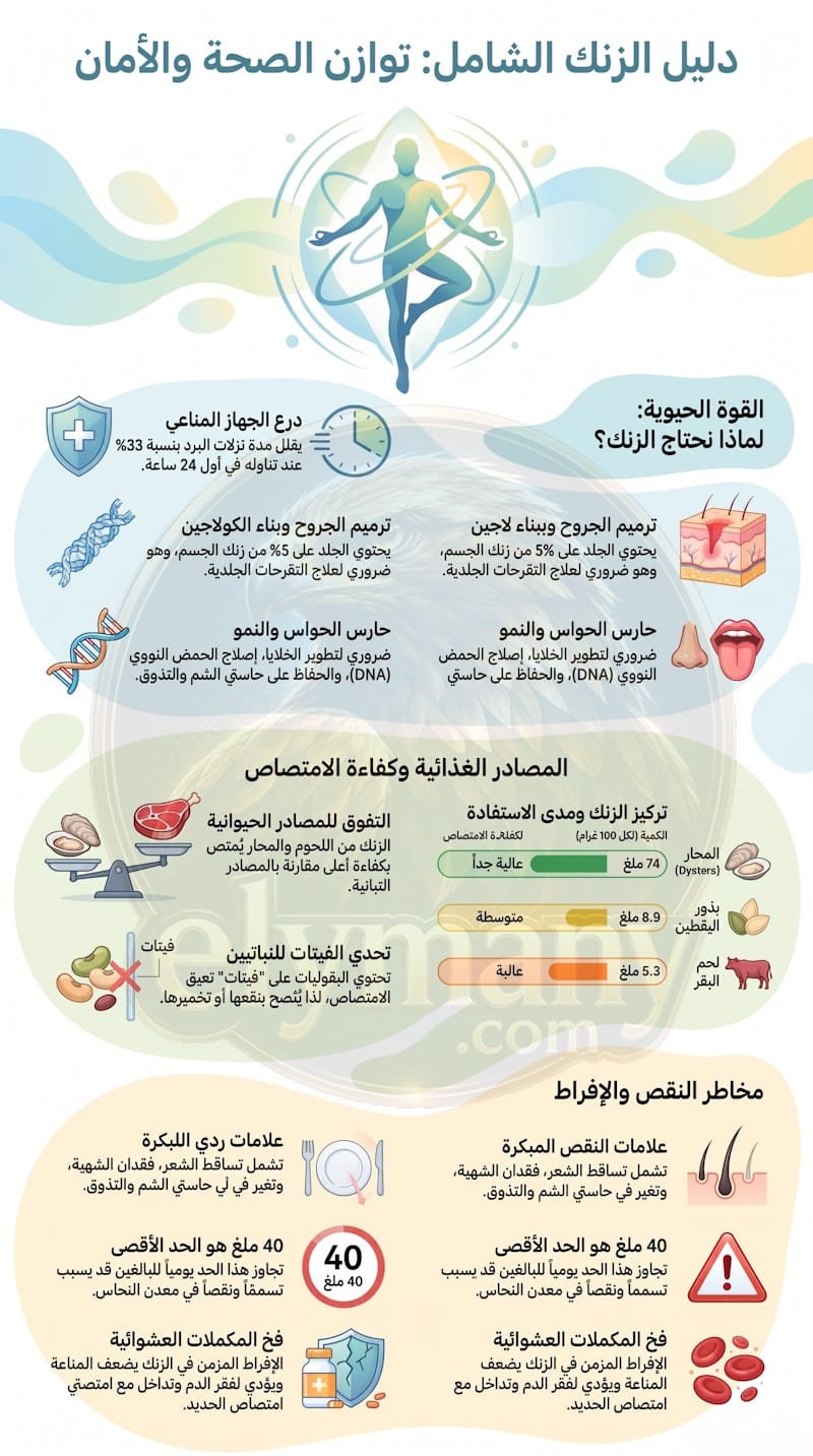 الزنك (Zinc): الفوائد، أعراض النقص، أضرار الزيادة، وأفضل المصادر الغذائية