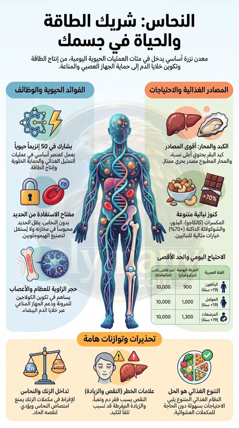 النحاس‎ (Copper): ‎الفوائد، أعراض النقص، أضرار الزيادة، وأفضل المصادر الغذائية