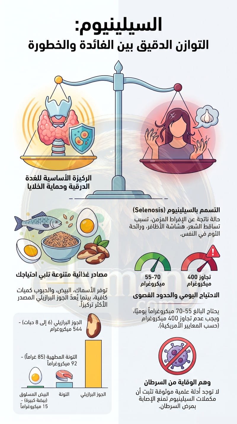 السيلينيوم (Selenium): الفوائد، أعراض النقص، أضرار الزيادة، وأفضل المصادر الغذائية 2026 2 السيلينيوم (Selenium): الفوائد، أعراض النقص، أضرار الزيادة، وأفضل المصادر الغذائية 