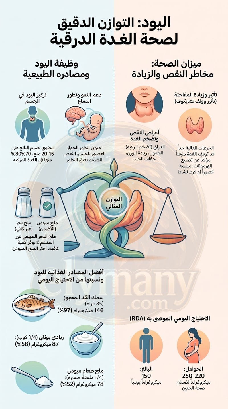 اليود‎ (Iodine): ‎الفوائد، أعراض النقص، أضرار الزيادة، وأفضل المصادر الغذائية‎ ‎