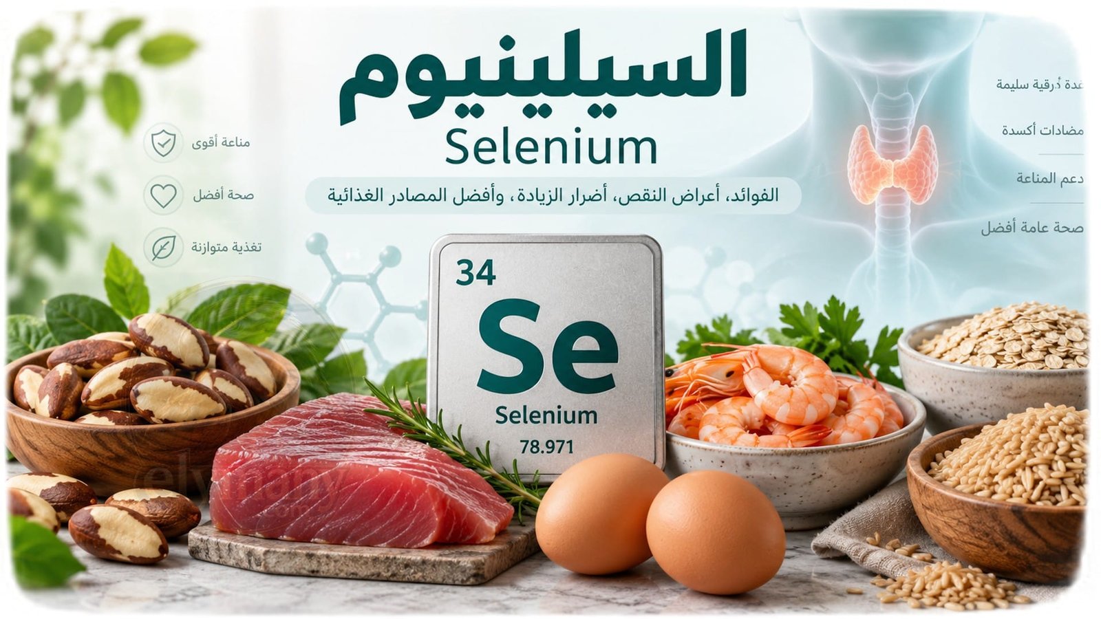 السيلينيوم (Selenium): الفوائد، أعراض النقص، أضرار الزيادة، وأفضل المصادر الغذائية 2026 1 السيلينيوم (Selenium): الفوائد، أعراض النقص، أضرار الزيادة، وأفضل المصادر الغذائية 